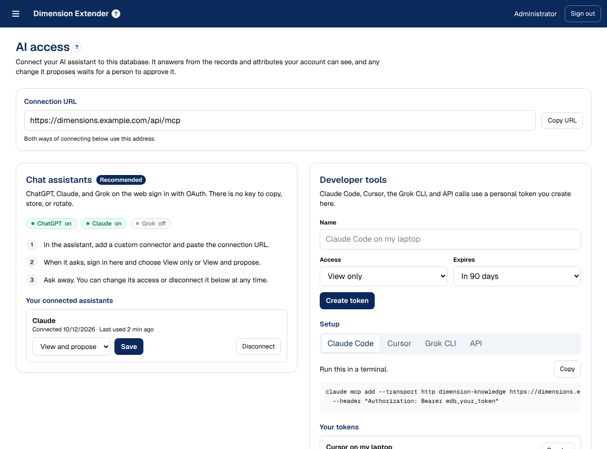 AI access screen: one connection URL, chat assistants that sign in with OAuth, and developer tools that use a personal token