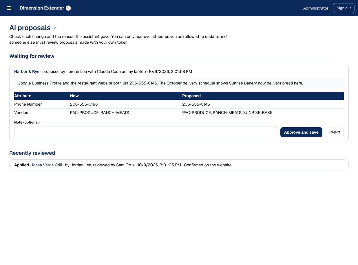 AI proposals screen showing a proposed phone and vendor change with approve and reject buttons